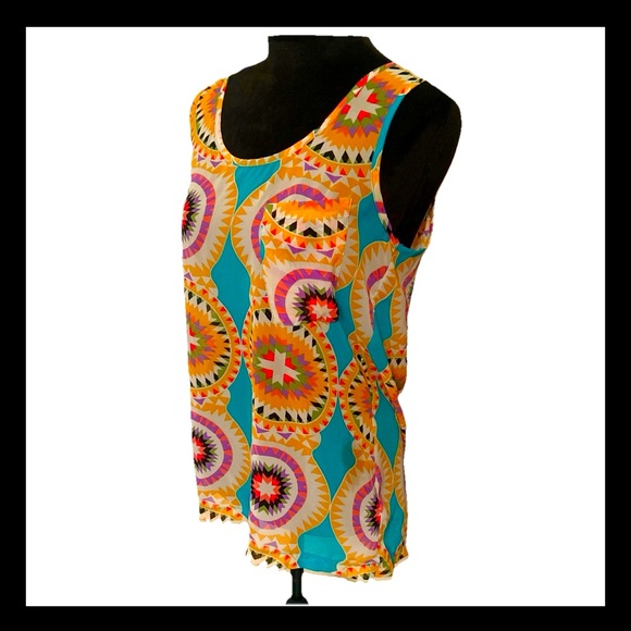 🎉HP🎉ANTHRO Umgee Sheer Chiffon Sleeveless Geometric Retro Mod Artsy Print Top S - Picture 2 of 5